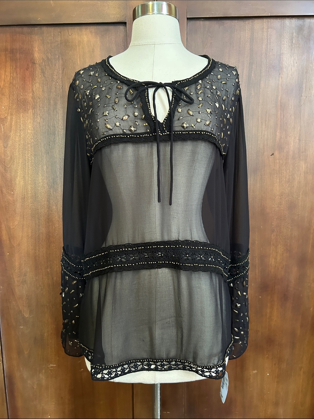NWT Black Sheer Milagro Beaded Tie-Neck L